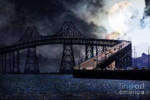Full Moon Surreal Night At The Bay Area Richmond-San Rafael Bridge . By Wingsdomain.com Art And Photography